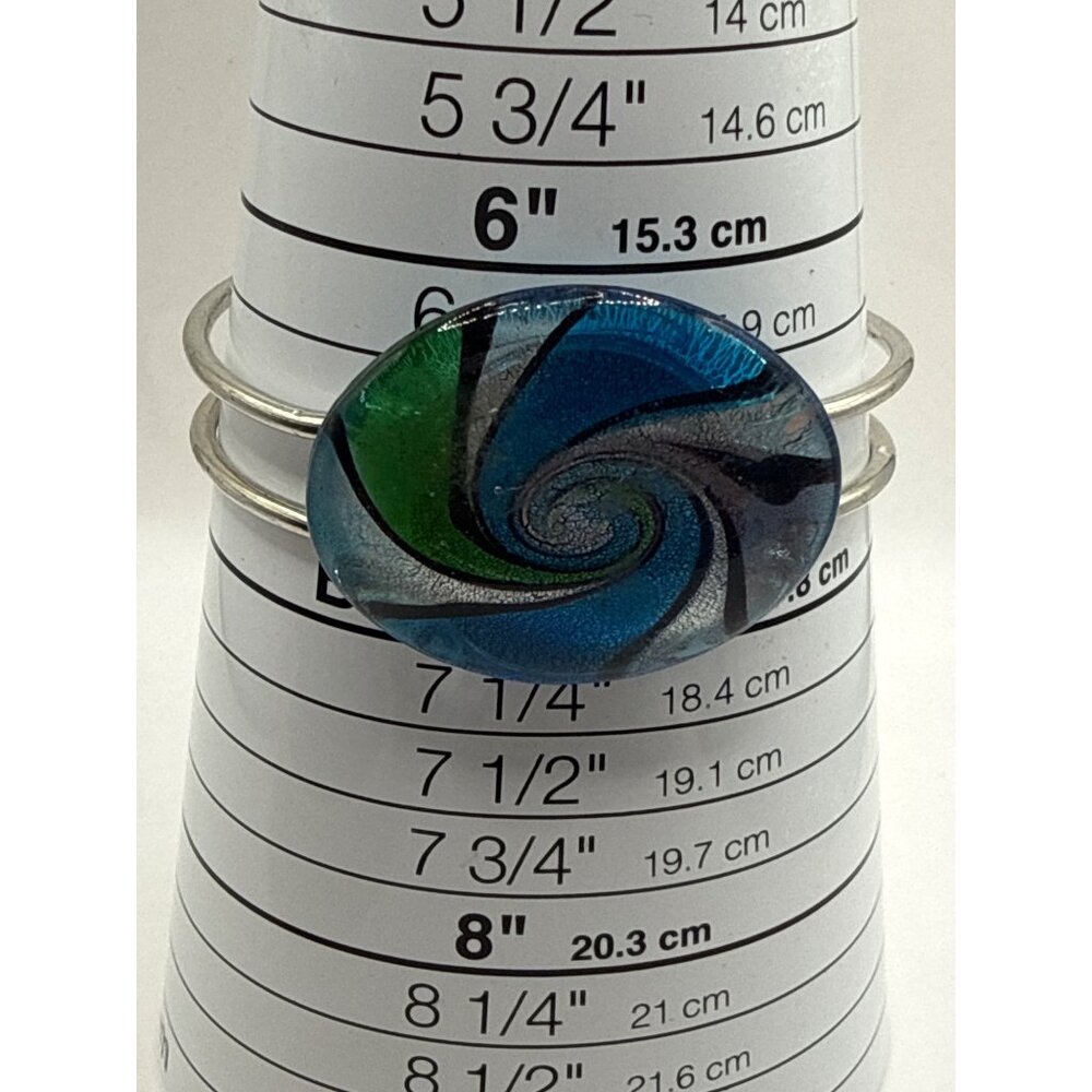 Boho Dichroic Glass Swirl Clamper Bracelet Iridescent Blue Green Silver Tone - Picture 3 of 4